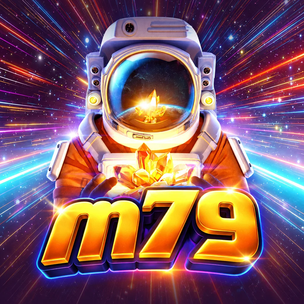 โลโก้ m79 พร้อมนักบินอวกาศถืออัญมณีเรืองแสงท่ามกลางดวงดาวใน Galactic Gems