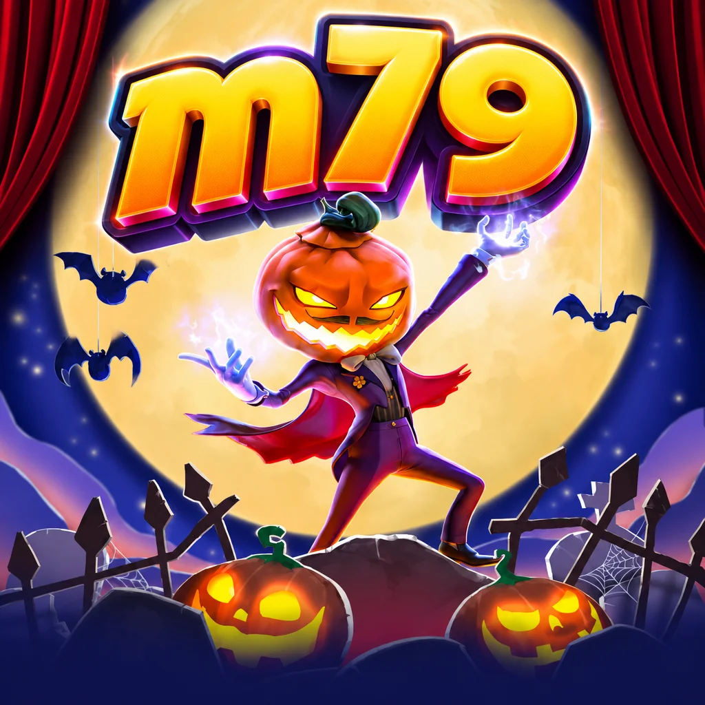 โลโก้ m79 และตัวละครหัวฟักทองฮาโลวีน Mr. Hallow-Win ภายใต้แสงจันทร์เต็มดวง