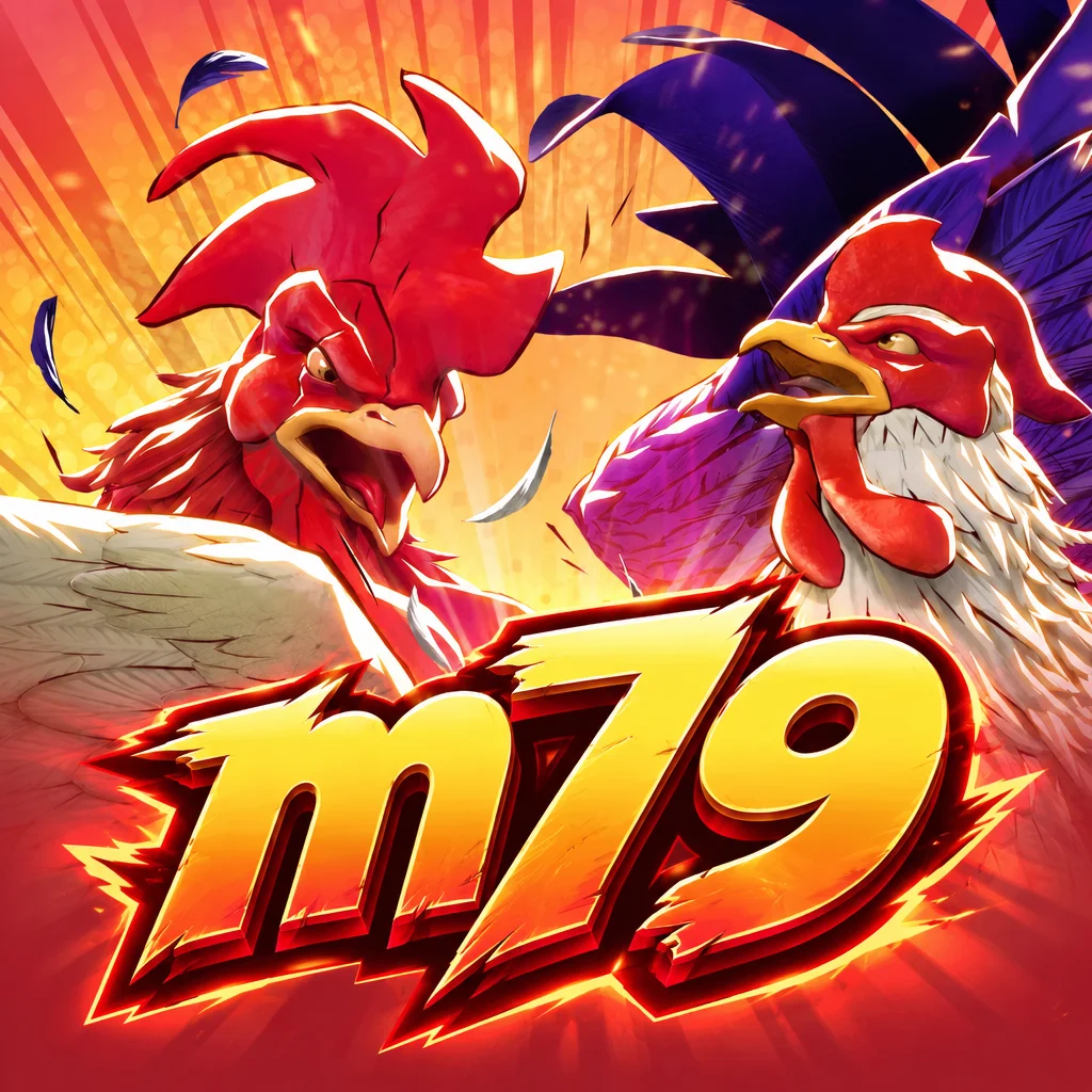 โลโก้ m79 และภาพโปรโมตเกม Rooster Rumble ธีมสังเวียนไก่ชนพื้นบ้าน